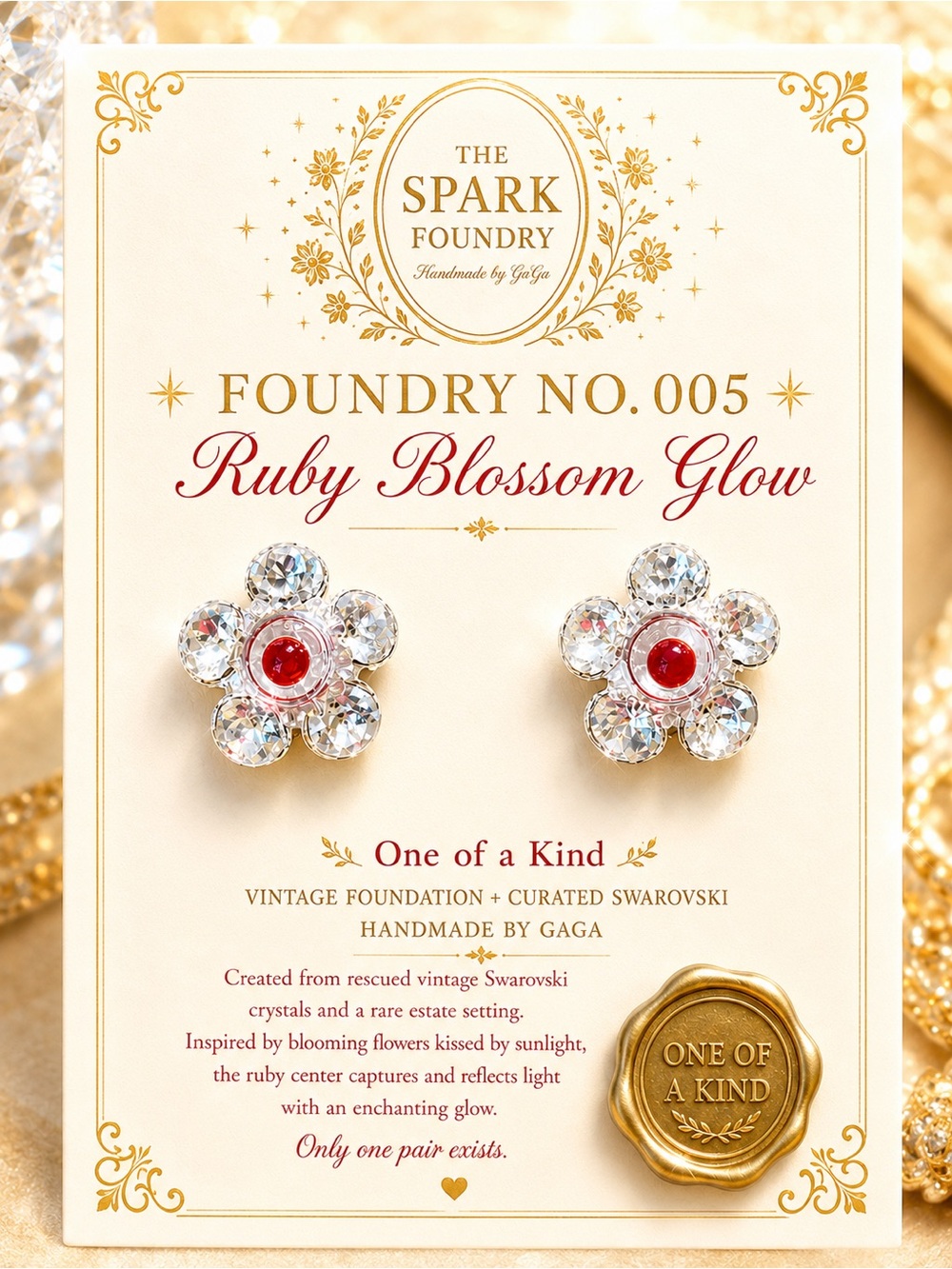 “Ruby Blossom Glow” OOAK Vintage Swarovski Crystal Flower Stud Earrings
